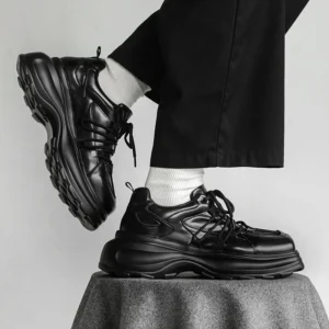 Black Luxury Sneakers Men Vintage British Dress Leather Shoes Spring Autumn Breathable Height Increasing Casual Footwear Mans